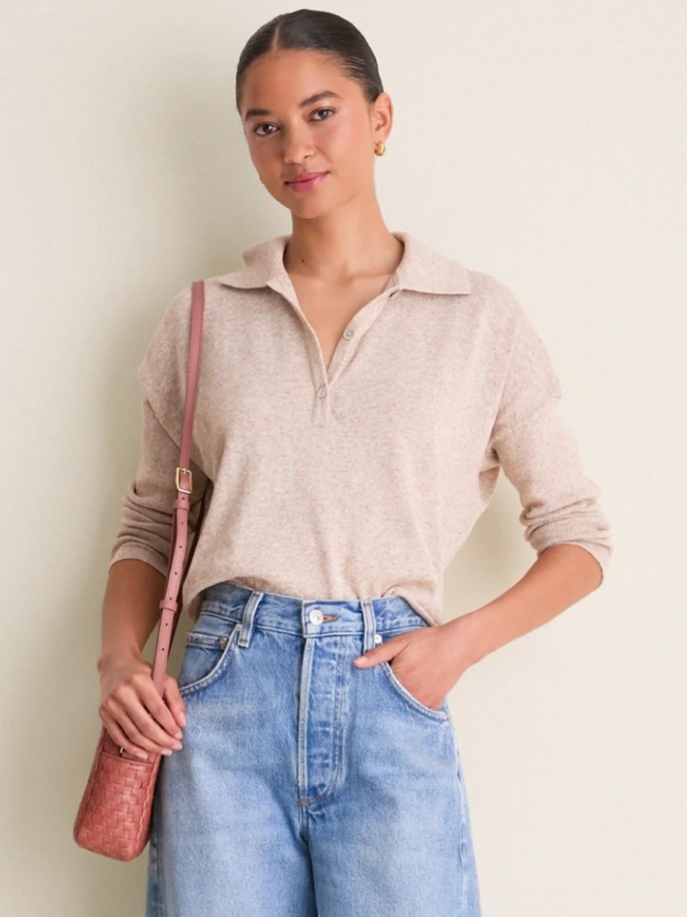 Tuckernuck Tan Clayton Long Sleeve Knit Polo in Linen Blend Size XS/S